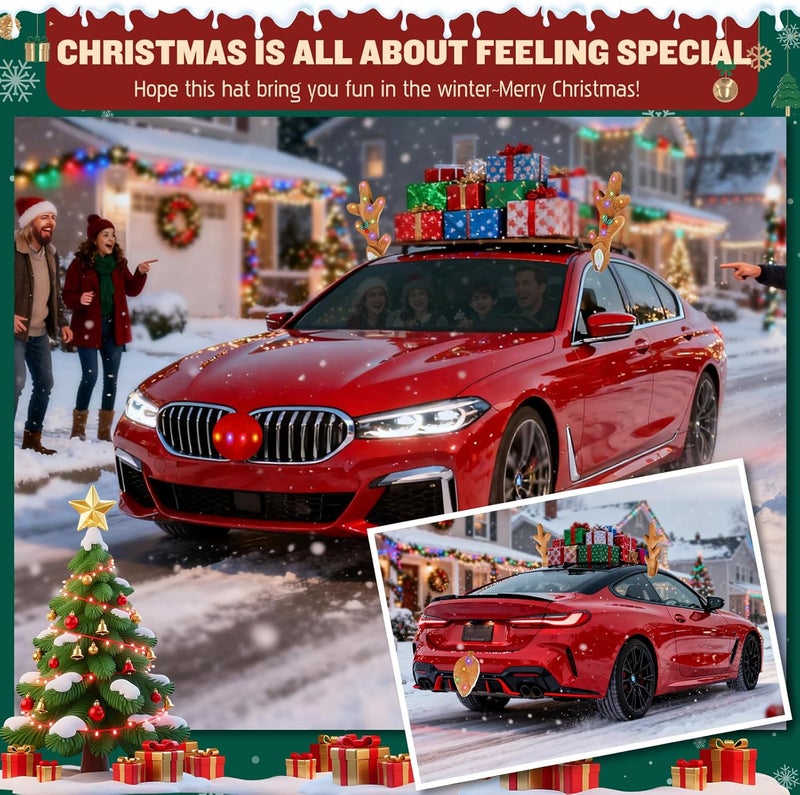 Angooni Christmas Car Decoration with Colorful LED Car Kit - 17 Inch Reindeer Antlers with Ears, Red Nose, and Tail - Exterior Accessories for Cars, Trucks, Jeeps, SUVs - Image 2